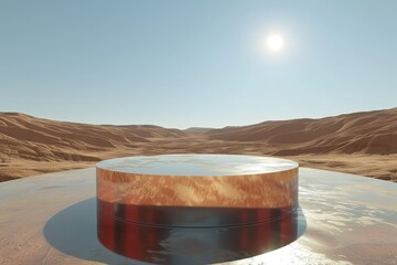 Wall Mural - Empty circle product stand with reflections on Martian surface under clear sky