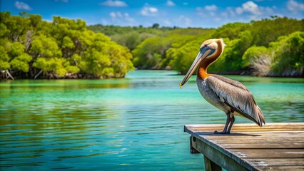 Wall Mural - A serene brown pelican perches on a weathered wooden dock at Cedar Key's waterfront, surrounded by calm turquoise waters and lush green mangroves.