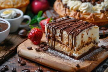 Poster - Delicious tiramisu cake on a wooden board with coffee beans and strawberries, surrounded by other desserts