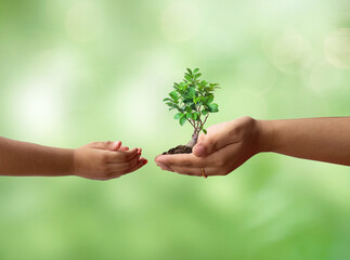 Wall Mural - Save our planet, save our future. Earth day 3d concept background. Ecology concept. Mother and kid hand concept.