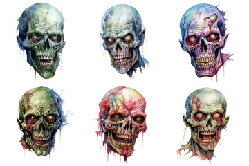 Six Decaying Zombie Skulls with Glowing Eyes