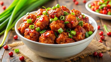 Vibrant Gobi Manchurian dish arranged artfully in a white ceramic bowl, garnished with fresh green onions and a sprinkle of red chili flakes.