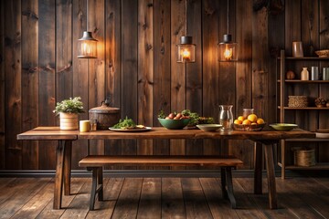 Wall Mural - Rustic old wood table set against a dark wood panel wall, creating a cozy atmosphere for showcasing premium products in a sophisticated, vintage-inspired setting.