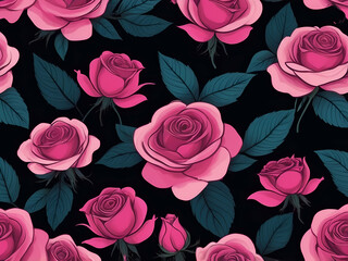 Wall Mural - abstract glowing Pink pattern with roses in doodle style. Hand painted design on dark background