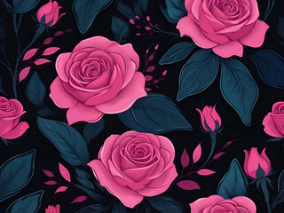 Wall Mural - abstract glowing Pink pattern with roses in doodle style. Hand painted design black background