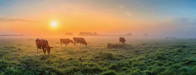 panoramic view of the meadow with cows in it, foggy morning, sun rising on horizon