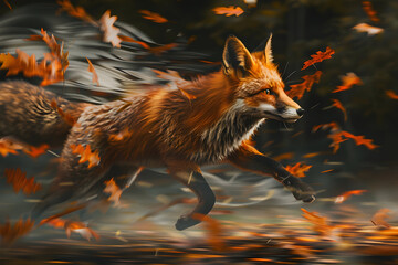 Wall Mural - Red fox running through autumn leaves in the forest.