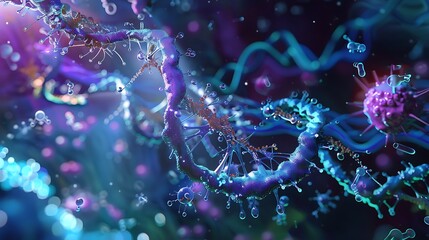 Poster - 3D rendering of a DNA double helix with a vibrant abstract background, emphasizing the complex structure and beauty of genetic material.