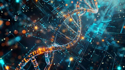 Poster - Digital representation of a DNA helix a symbol of genetic code and scientific advancement.