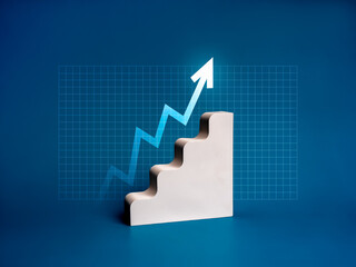 Poster - rising glow arrows on white stairway as business chart steps on grid, blue background. business econ