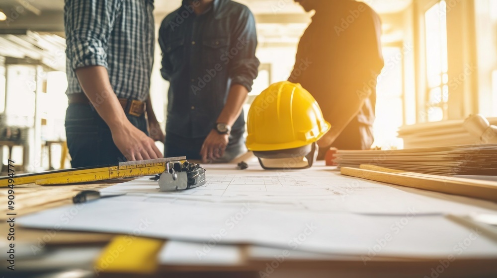 Engineer and foreman reviewing blueprints for a major building project ...