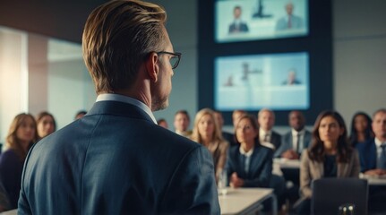 Confident businessman giving a presentation in front of crowd in meeting conference seminar room. Leadership authority teamwork in business concept