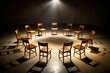 © DigitalArt Max - Empty chairs form a circle in a dimly lit room, with a small table at the center, conveying a sense of intimate and emotional discussion.