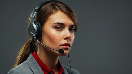 Young professional woman with headphones, customer service, secretary, call center, office support, business concept