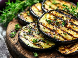 Deliciously grilled zucchini and eggplant slices, with a sprinkle of herbs, served on a rustic wooden board