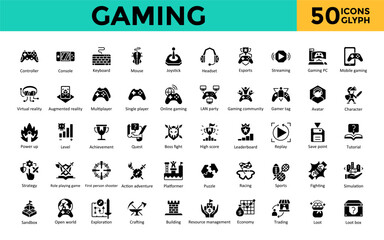 Sticker - Gaming icon set with controller, console, keyboard, mouse, joystick, headset, esports, streaming, gaming pc, mobile gaming icon. Simple glyph vector

