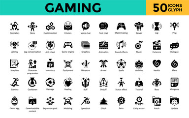 Sticker - Gaming icon set with cosmetics, skins, customization, emotes, voice chat, text chat, matchmaking, server, lag, ping icon. Simple glyph vector 
