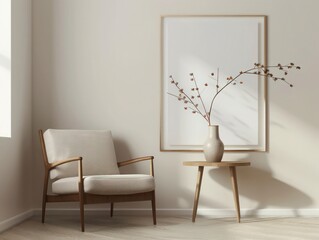 Minimalist portrait frame in Japanese-style office with mid-century furniture, soft lighting, beige chair, ceramic vase, and maple branch.