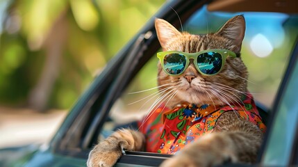 Wall Mural - A cat wearing beautiful shirt and driving on the car wearing green sunglasses