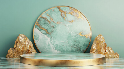 Poster - marble and gold mint background with generative ai. product display podium.