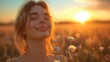 © Tuong - Free Woman Basking in Sunset Glow: Happy Smiling Backlit Portrait of Serene Beauty Enjoying Life in the Fields with Closed Eyes