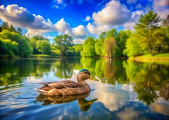 Wall Mural - Serene solo duck swims peacefully on calm lake water surrounded by lush green vegetation and reflected trees under a soft blue sky.