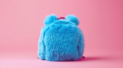 Wall Mural - blue fur ball bag and backpack decoration on pink background