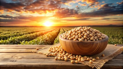 Wall Mural - Freshly harvested raw chickpeas overflow from a rustic wooden bowl on a weathered table, set against a warm sunset backdrop of a lush chickpea field landscape.