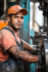 Wall Mural - Portrait of a factory production worker operating heavy machinery, Generative AI