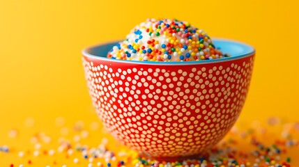 Wall Mural - Candy sprinkles on colorful bowl on yellow and orange background