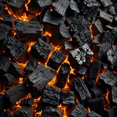 A high-definition close-up of charcoal embers glowing intensely with intricate patterns of ash and burnt wood textures