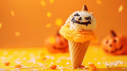 Wall Mural - Cotton ball forming a halloween pumpkin with ice cream cone and sugar sprinkles on yellow and orange background