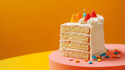 Wall Mural - cut birthday cake isolated on yellow and orange background