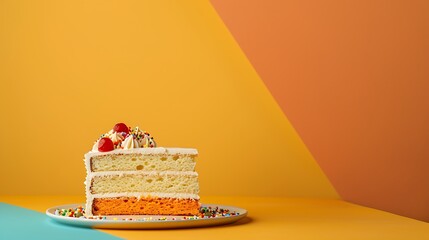 Wall Mural - cut birthday cake isolated on yellow and orange background