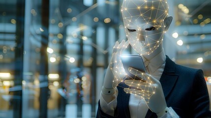 photography of a mannequin businesswoman using an all knowing smartphone in a modern office environment with infinitely recursive fractal elements symbolizing the intersection of technology business