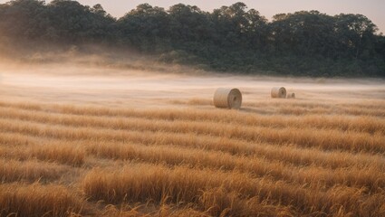 Golden Hour Haystacks: A serene landscape bathed in the ethereal glow of sunrise, with two hay bales standing majestically in a field of golden wheat, shrouded in a soft mist.  The air is still and pe