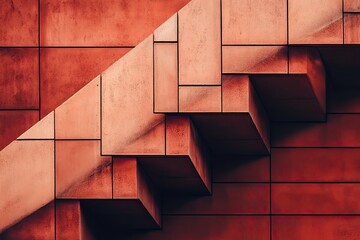 Wall Mural - Abstract modern architecture background. Fragment of innovative brick structure. Patterned masonry detail. Geometric red building design. Multi-textured and rhythmic pattern.