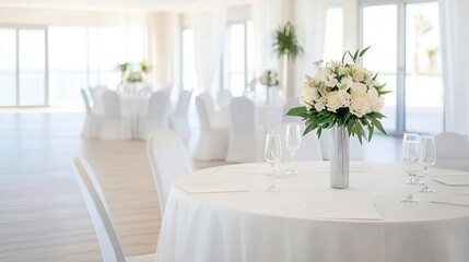 A high-resolution photo of a wedding venue with soft lighting, clean and beautiful.