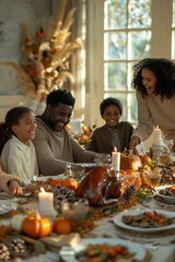  Happy multiracial parents and kids laughing during family meal on thanksgiving