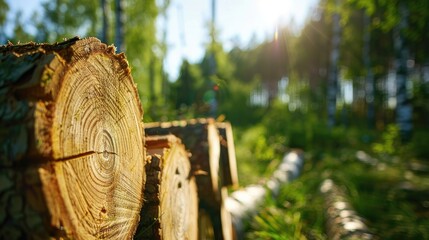 Pile of freshly cut logs stacked in a sunlit forest, representing forestry, nature, and timber harvesting..