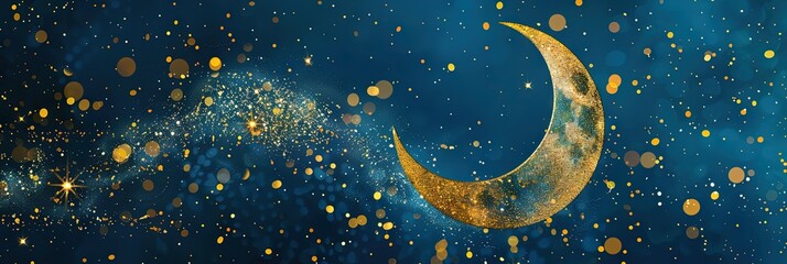 eid al-fitr concept with golden crescent moon on blue background and gold sparkles