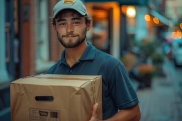 A friendly delivery man in a cap and uniform holds a package, smiling warmly in an urban street setting...