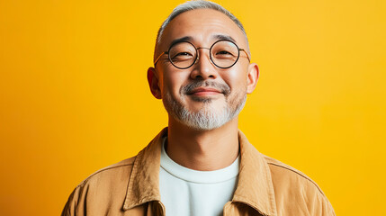 Middle aged Asian male model posing in casual fashion against yellow background