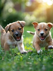 Playful puppies interacting with each other, green lawn, dynamic scene