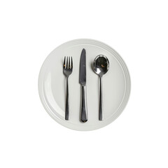 An Empty Plate With A Knife, Spoon, And Fork, Isolated On White