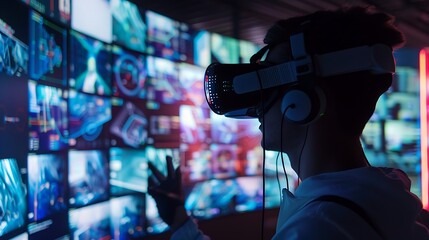 Poster - Young man is wearing a VR headset and experiencing a virtual reality world. He is surrounded by screens displaying a variety of digital content, the limitless possibilities of virtual reality.