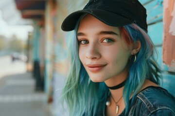 Wall Mural - Teenage Girl. Fashionable Hipster Teenage Girl with Colored Dyed Hair in Black Cap