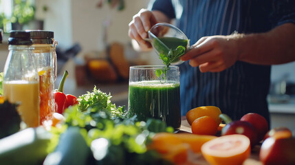 Wall Mural - A close-up of a person preparing a smoothie with fresh fruits and vegetables in a bright and clean kitchen, highlighting healthy eating habits