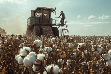 Poster - Man climbing ladder of cotton harvester