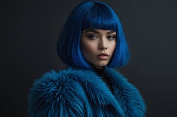 Wall Mural - High-fashion portrait photograph featuring a person with a striking appearance. The subject has light skin and is wearing a voluminous, fluffy blue fur coat